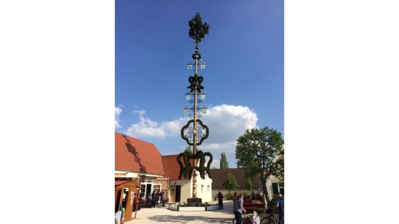 Der Maibaum steht im Dorfzentrum und ragt über 30 Meter aus dem 